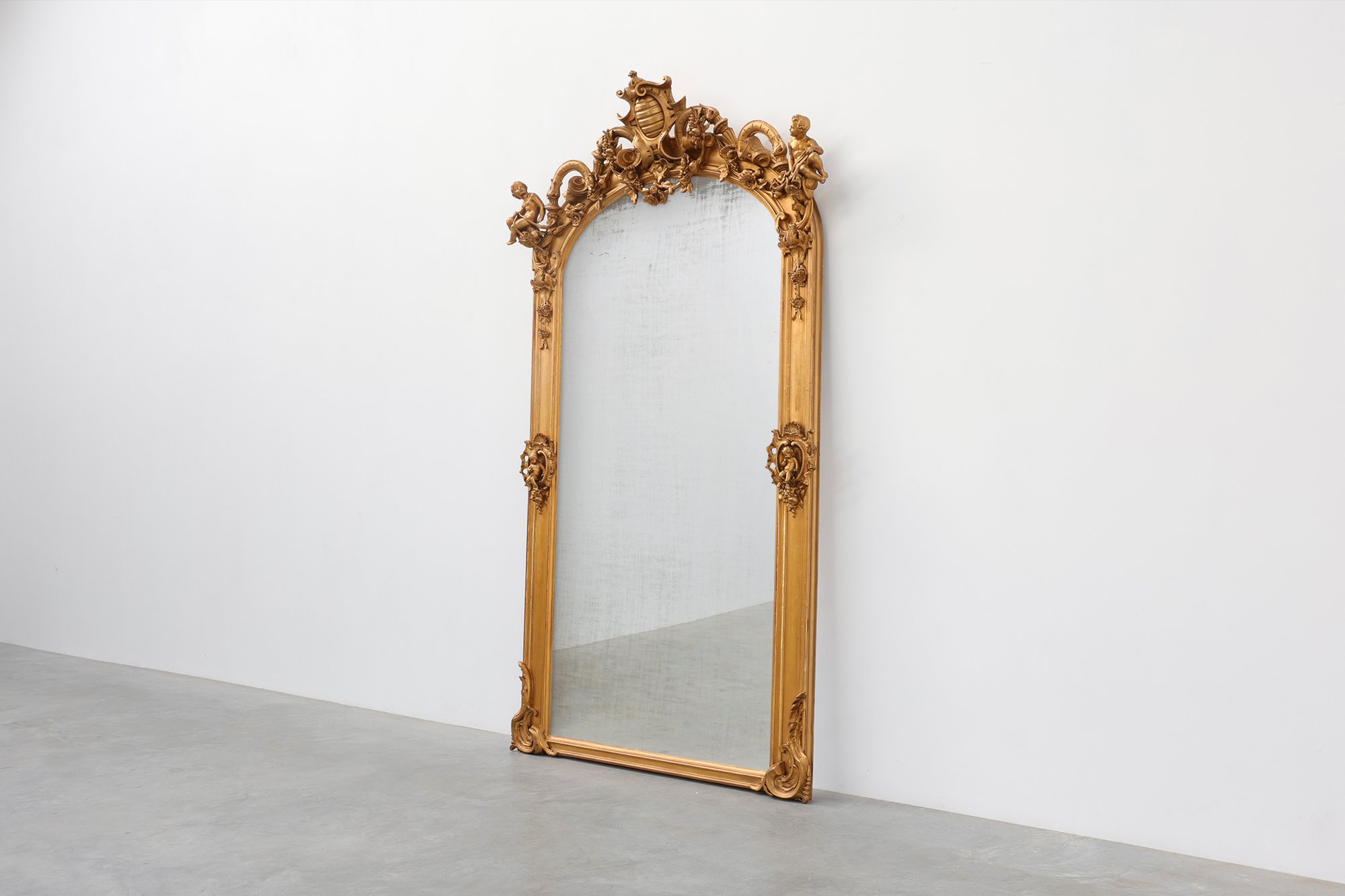 Large Napoleon III Gold-Coloured Mirror with Putti and Floral Crest, France, 1870thumbnail