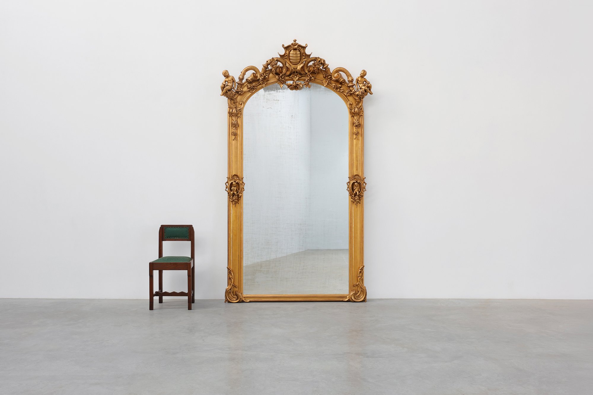 Large Napoleon III Gold-Coloured Mirror with Putti and Floral Crest, France, 1870thumbnail