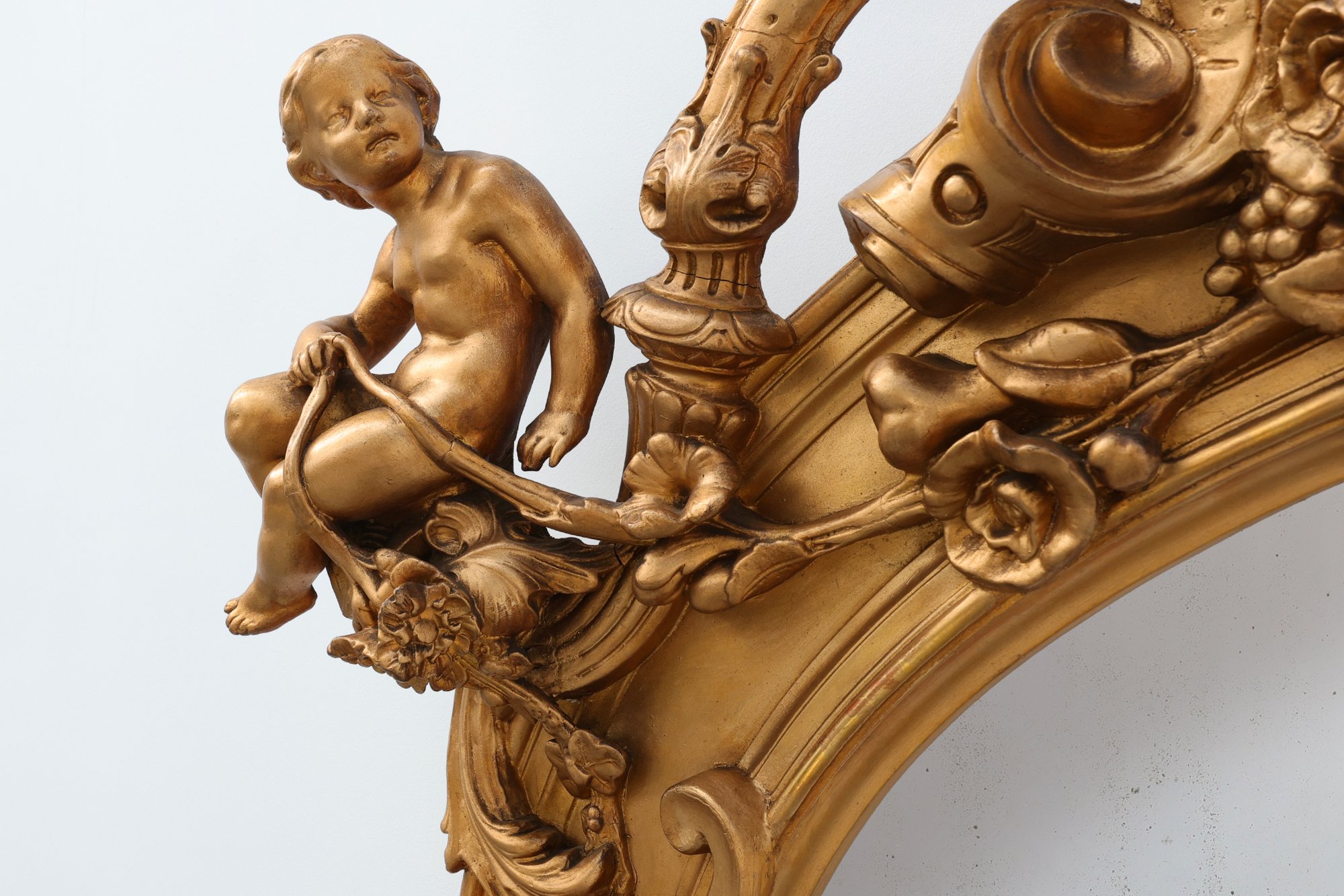 Large Napoleon III Gold-Coloured Mirror with Putti and Floral Crest, France, 1870thumbnail