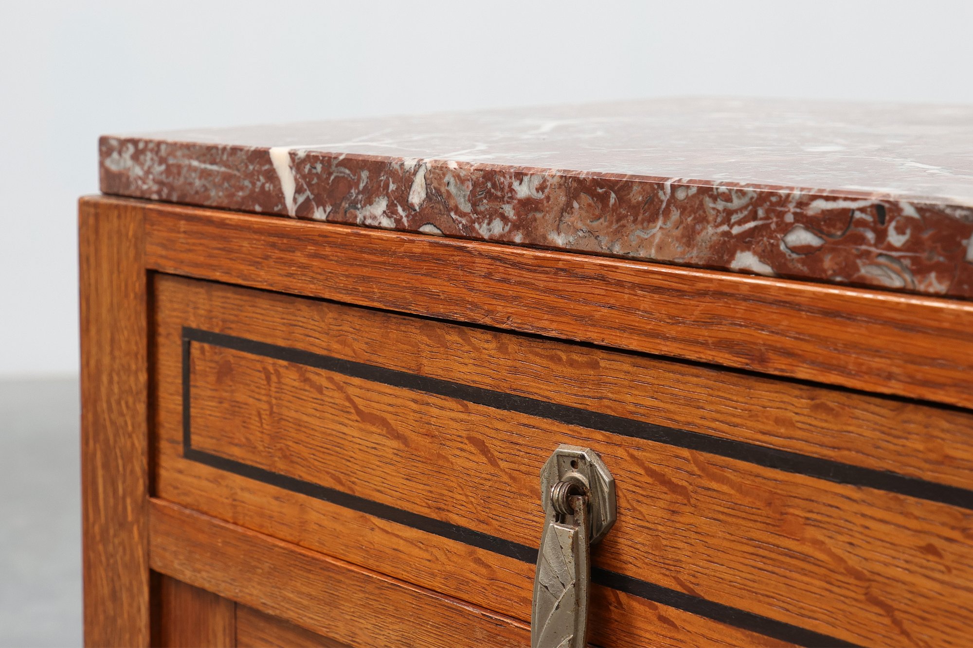 Art Deco Oak Nightstand with Black Line Inlay and Red Marble Top, 1920thumbnail