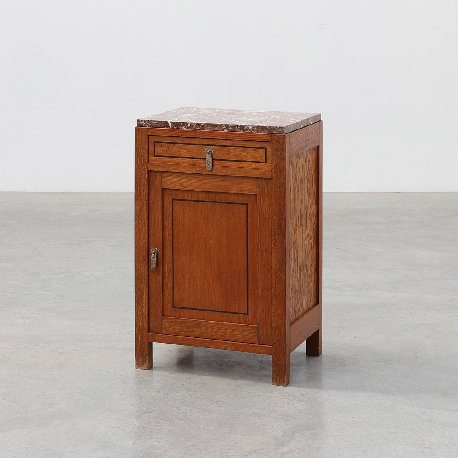Art Deco Oak Nightstand with Black Line Inlay and Red Marble Top, 1920thumbnail