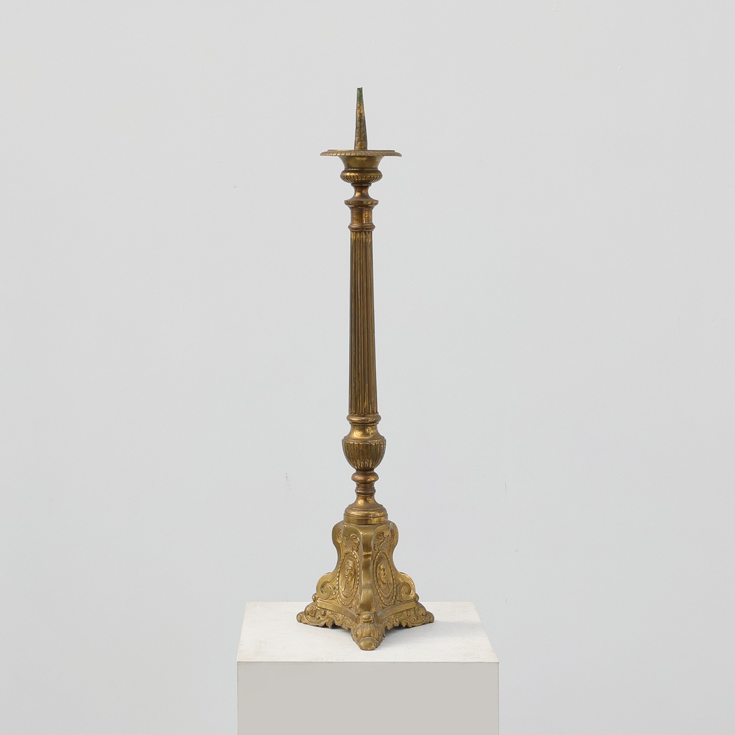 Antique Brass Pricket Candlestick with Christ Medallion, France, 1880-img
