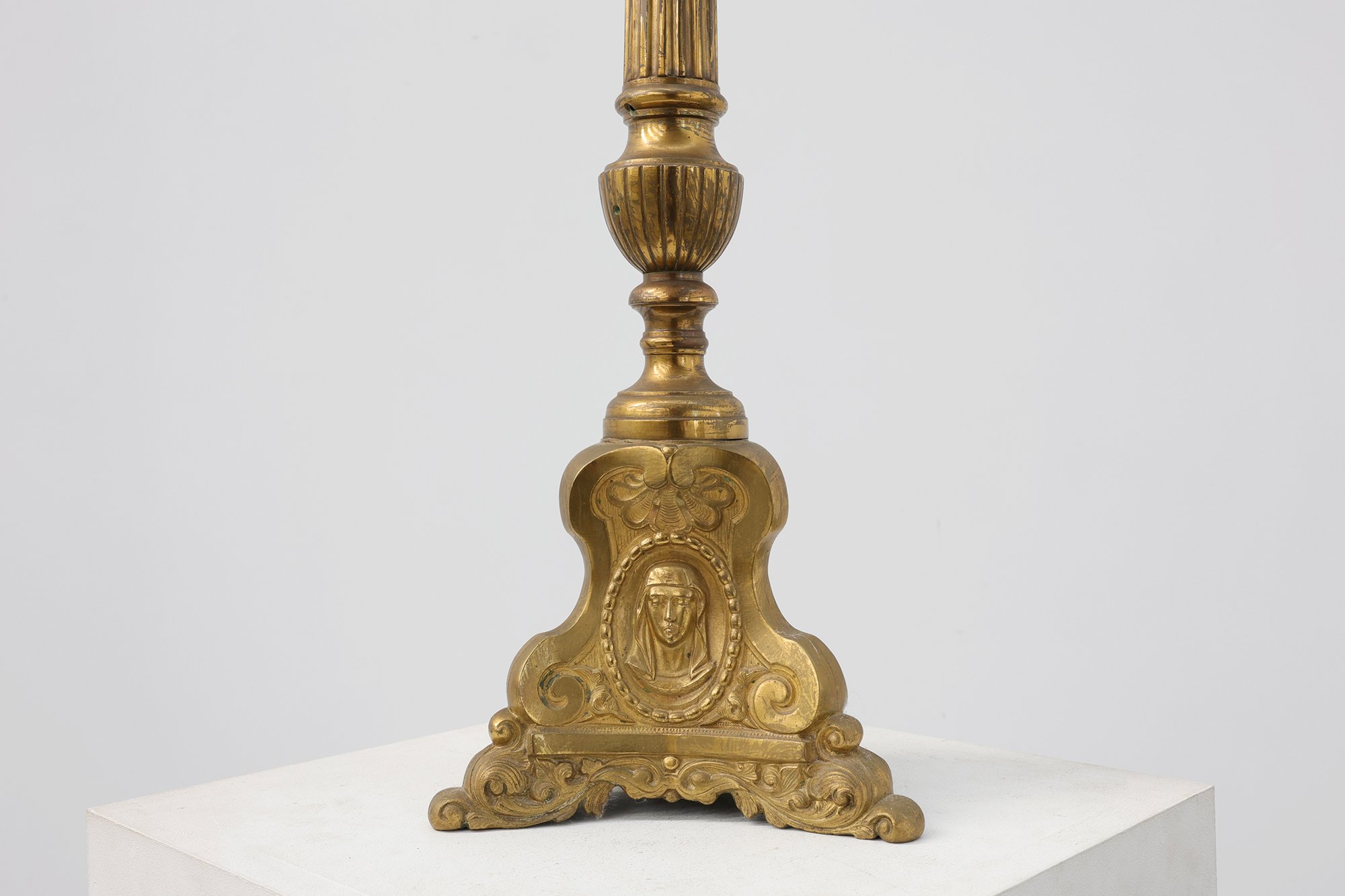 Antique Brass Pricket Candlestick with Christ Medallion, France, 1880thumbnail