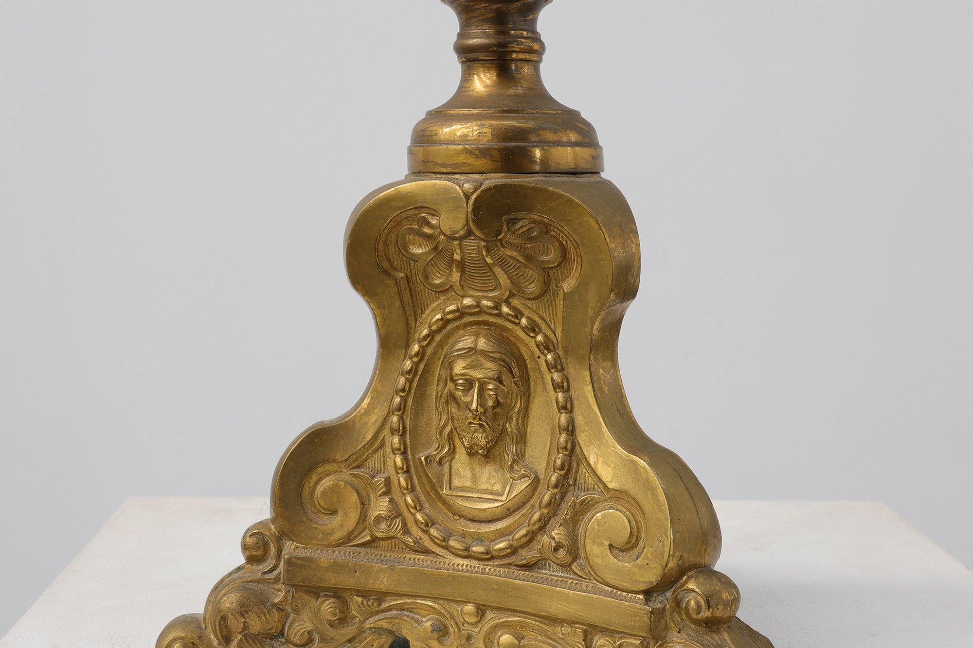 Antique Brass Pricket Candlestick with Christ Medallion, France, 1880thumbnail