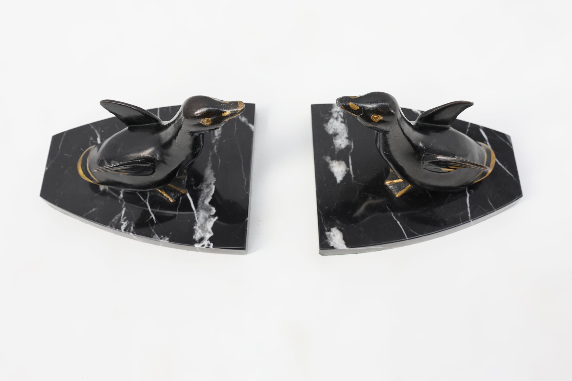 Pair of Art Deco Geese Bookends on Black Marble Bases, France, 1920thumbnail