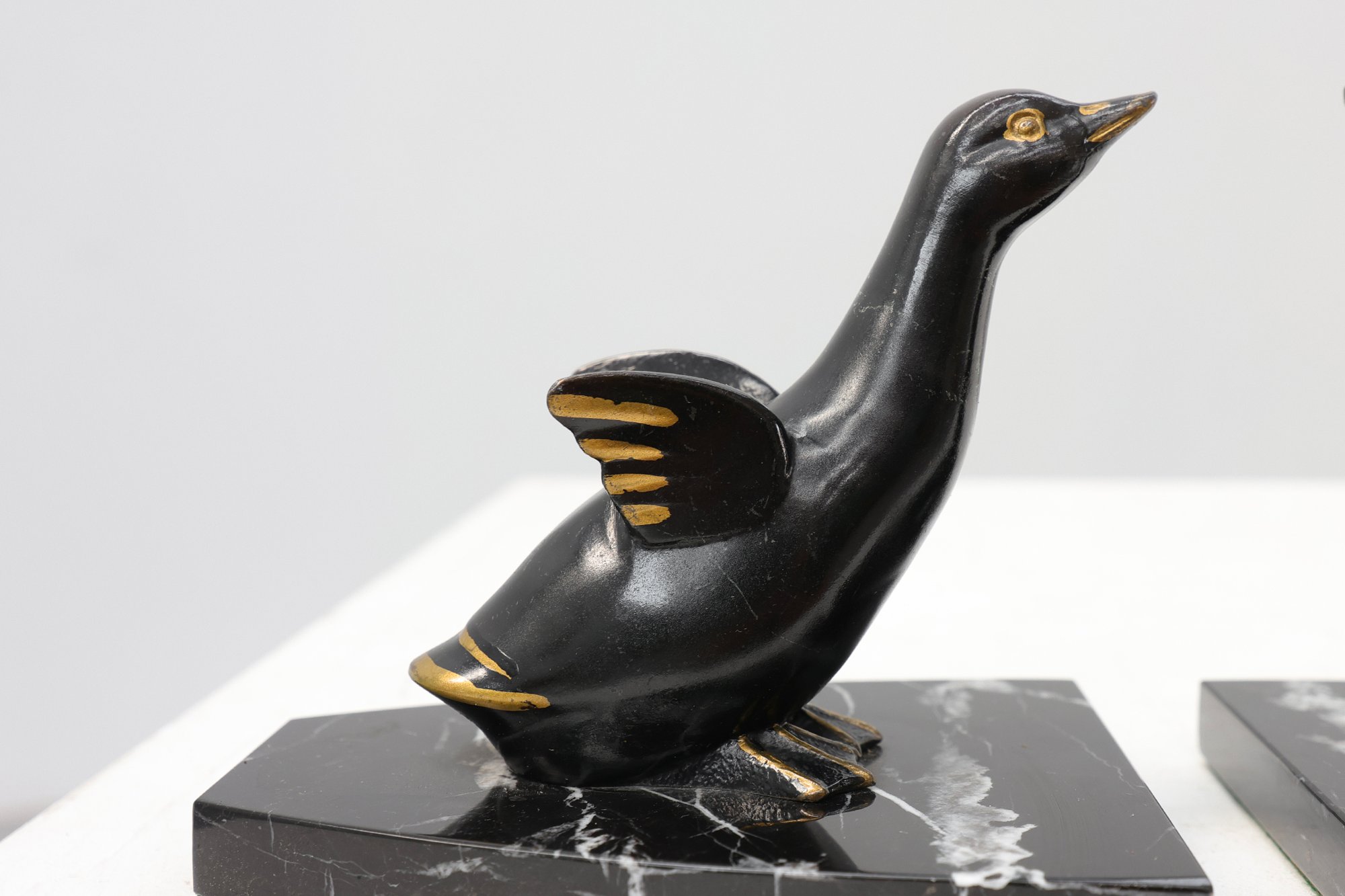 Pair of Art Deco Geese Bookends on Black Marble Bases, France, 1920thumbnail
