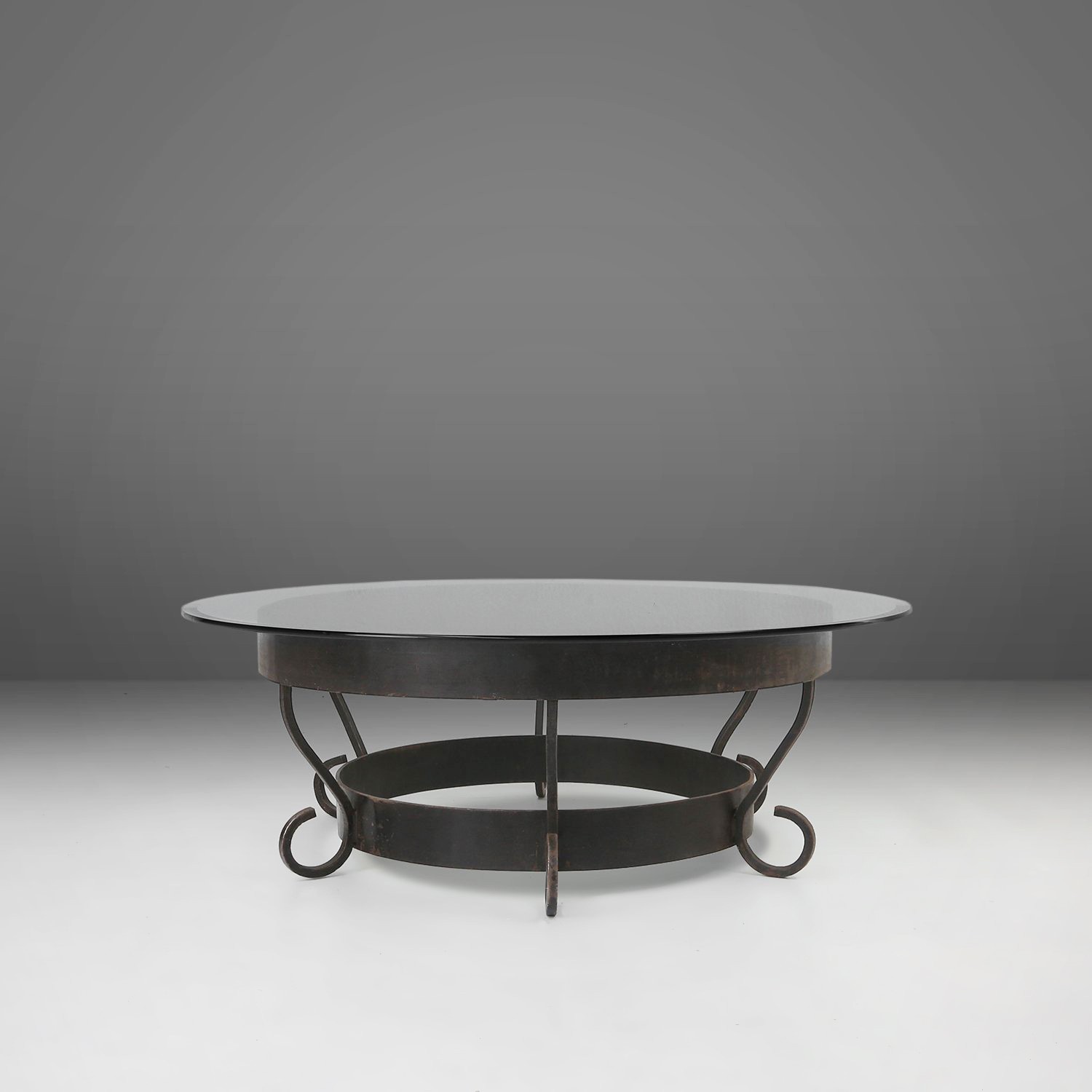 Rustic Round Coffee Table with Wrought Iron Base and Glass Top, France, 1930s-img