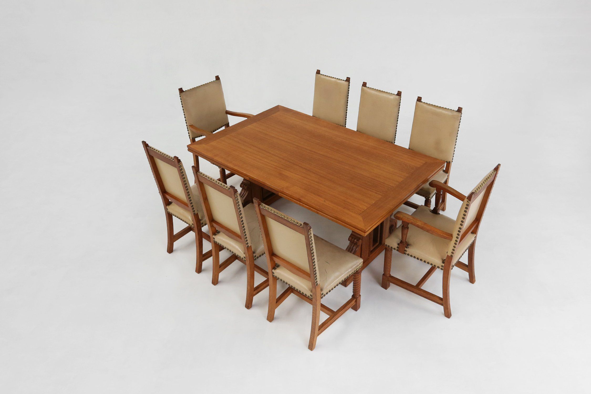 Art Deco Dining Room Chairs in Oak and Leather, 1940s, Set of 8thumbnail