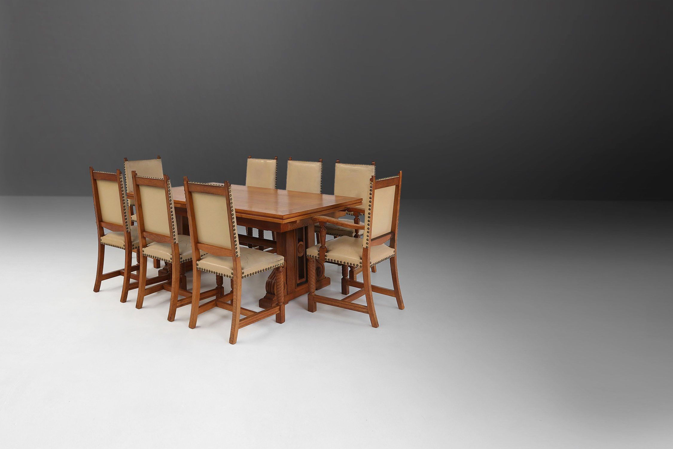 Art Deco Dining Room Chairs in Oak and Leather, 1940s, Set of 8thumbnail