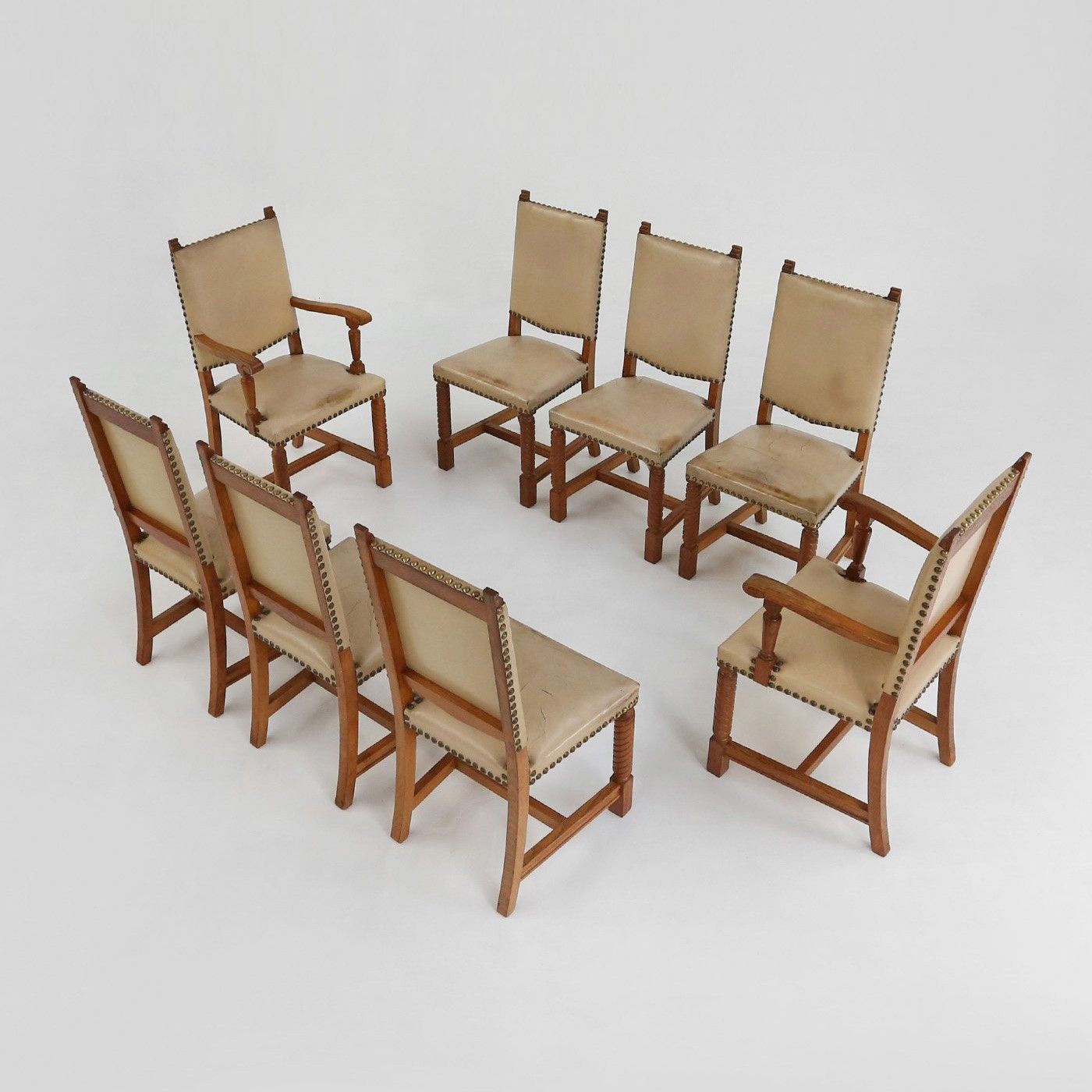 Art Deco Dining Room Chairs in Oak and Leather, 1940s, Set of 8-img